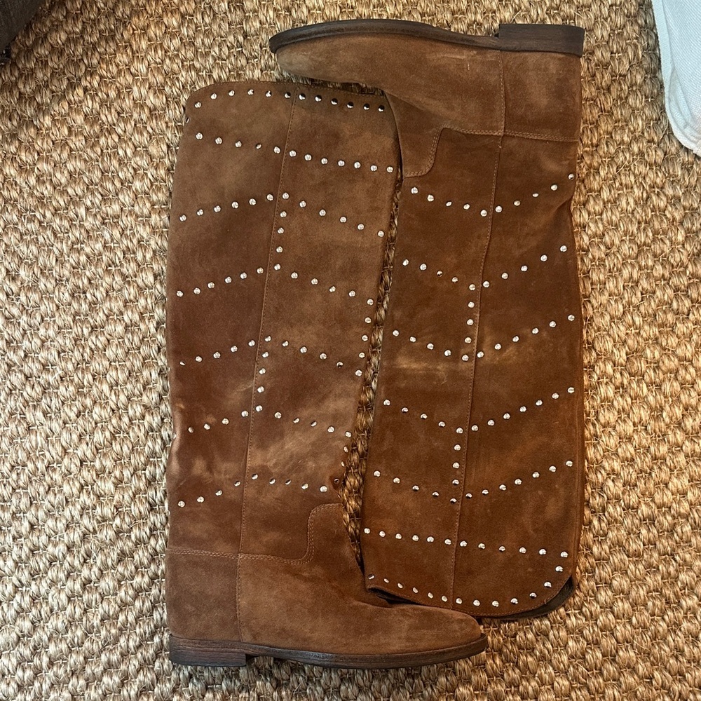 Brown Suede Studded Knee-High Boots